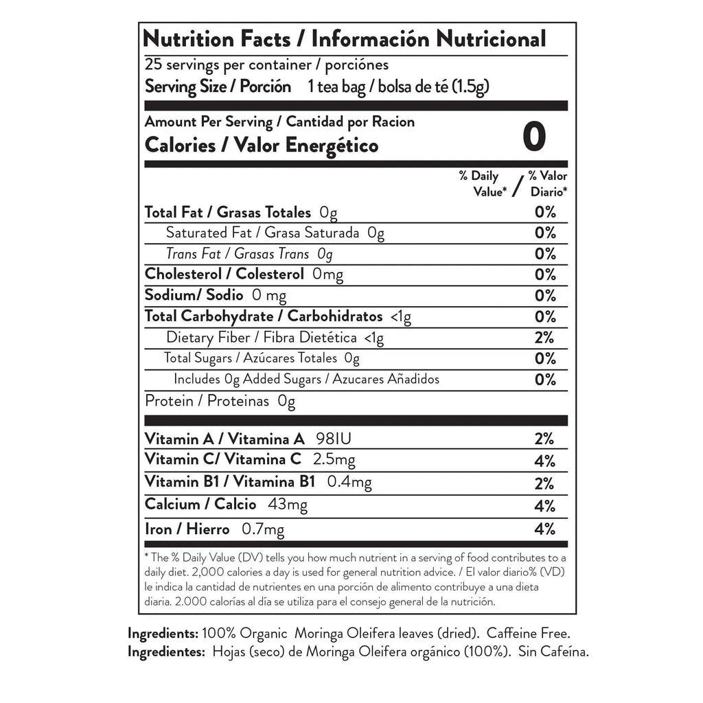 Tea nutrition facts panel with ingredient list for 100% organic moringa