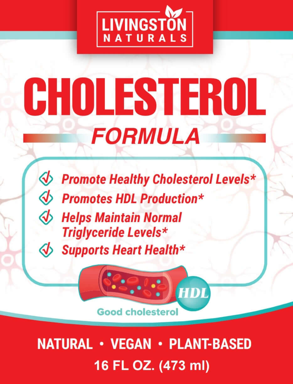 Cholesterol formula bottle label with heart health benefits and natural, vegan, plant-based claims.