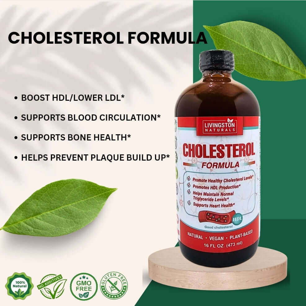 Organic plant-based cholesterol formula in an amber bottle with a black cap and red-and-white label.