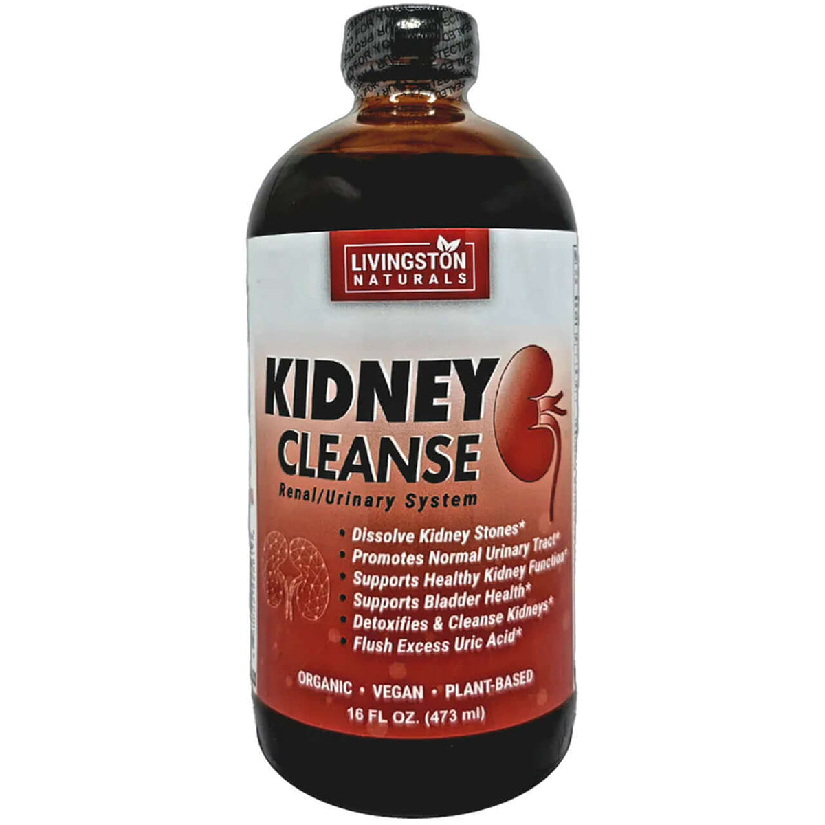Livingston Naturals Kidney Cleanse bottle, 16 fl oz, with a red and white label