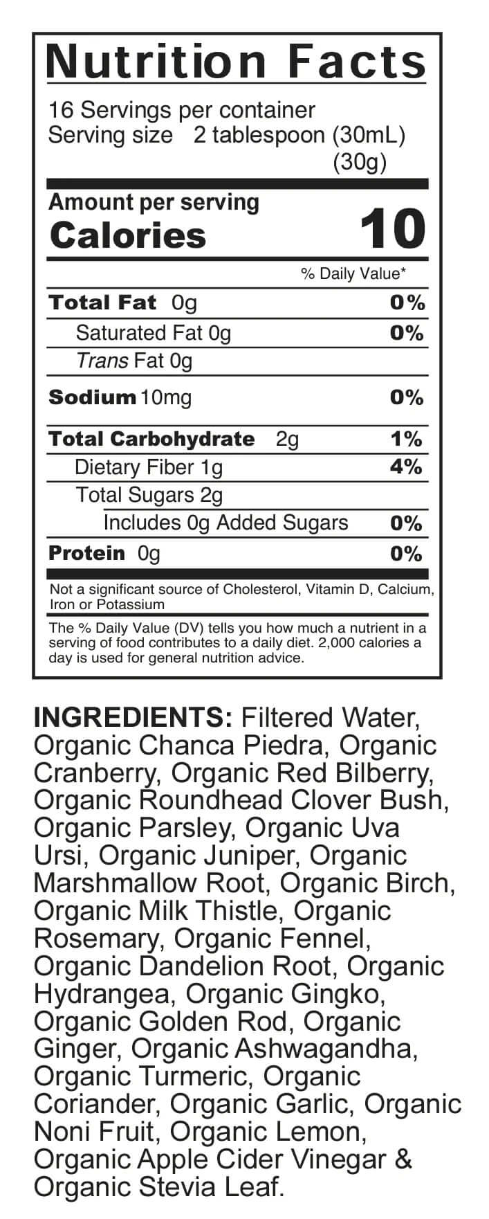 Kidney Cleanse nutrition facts and ingredient label with serving size and plant ingredients