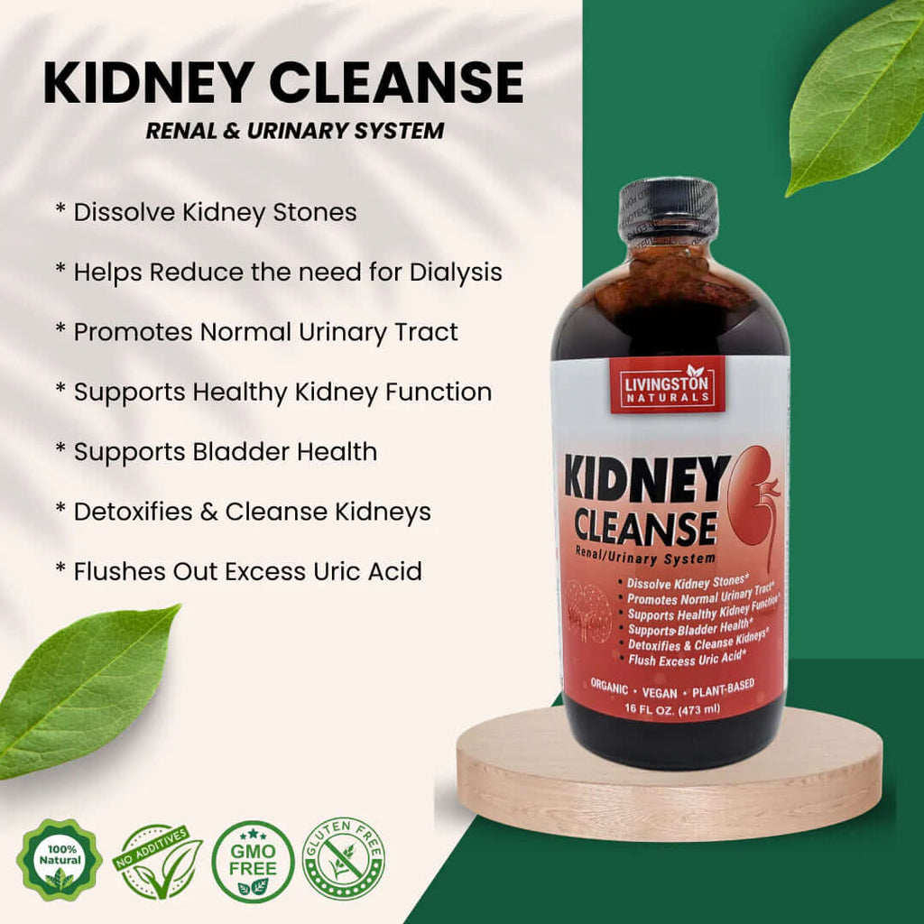 Kidney Cleanse bottle with product claims and natural, vegan, plant-based badges