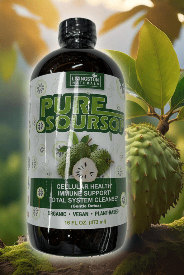 Livingston Naturals Pure Soursop herbal blend bottle, green label on dark amber