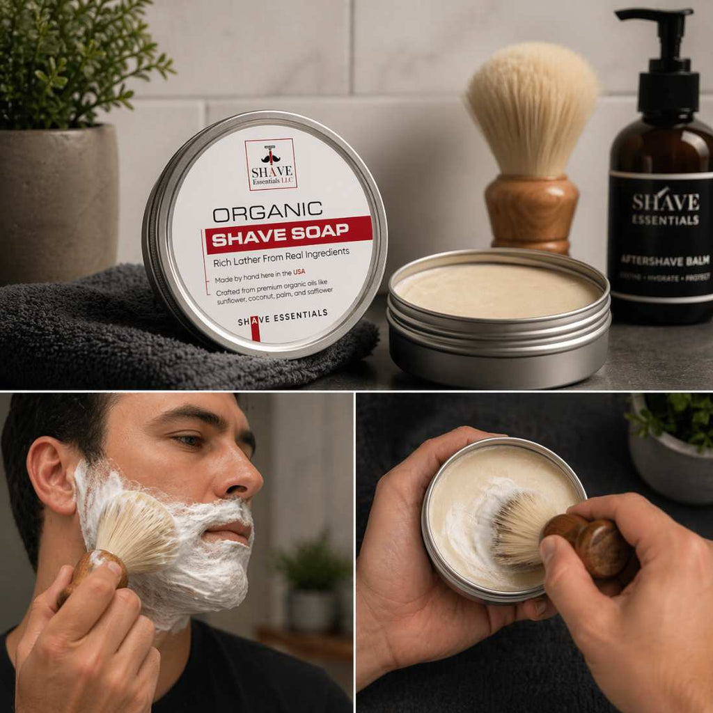 Organic shave soap tin with open lid showing creamy shaving lather
