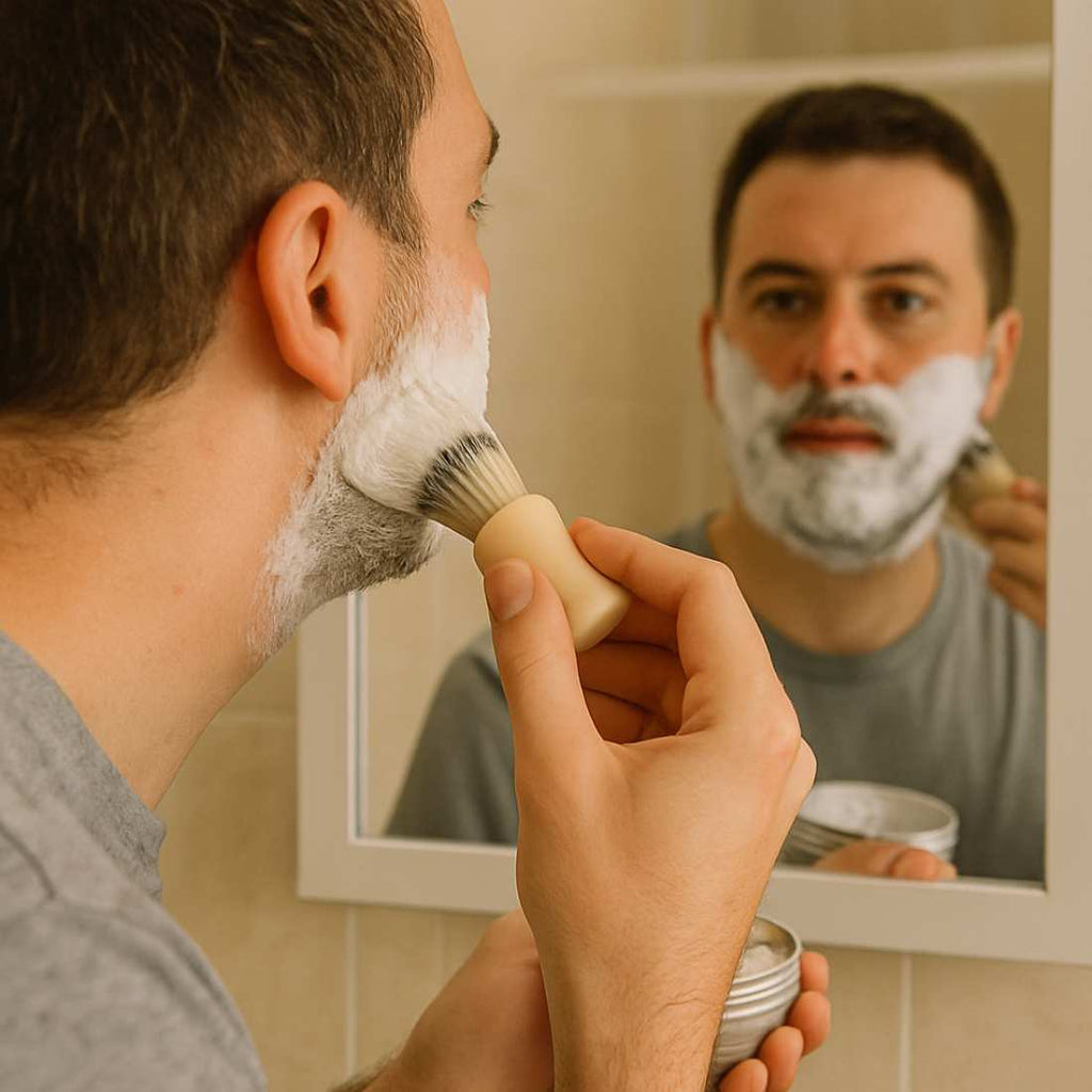 Organic shave soap lather being applied with shaving brush