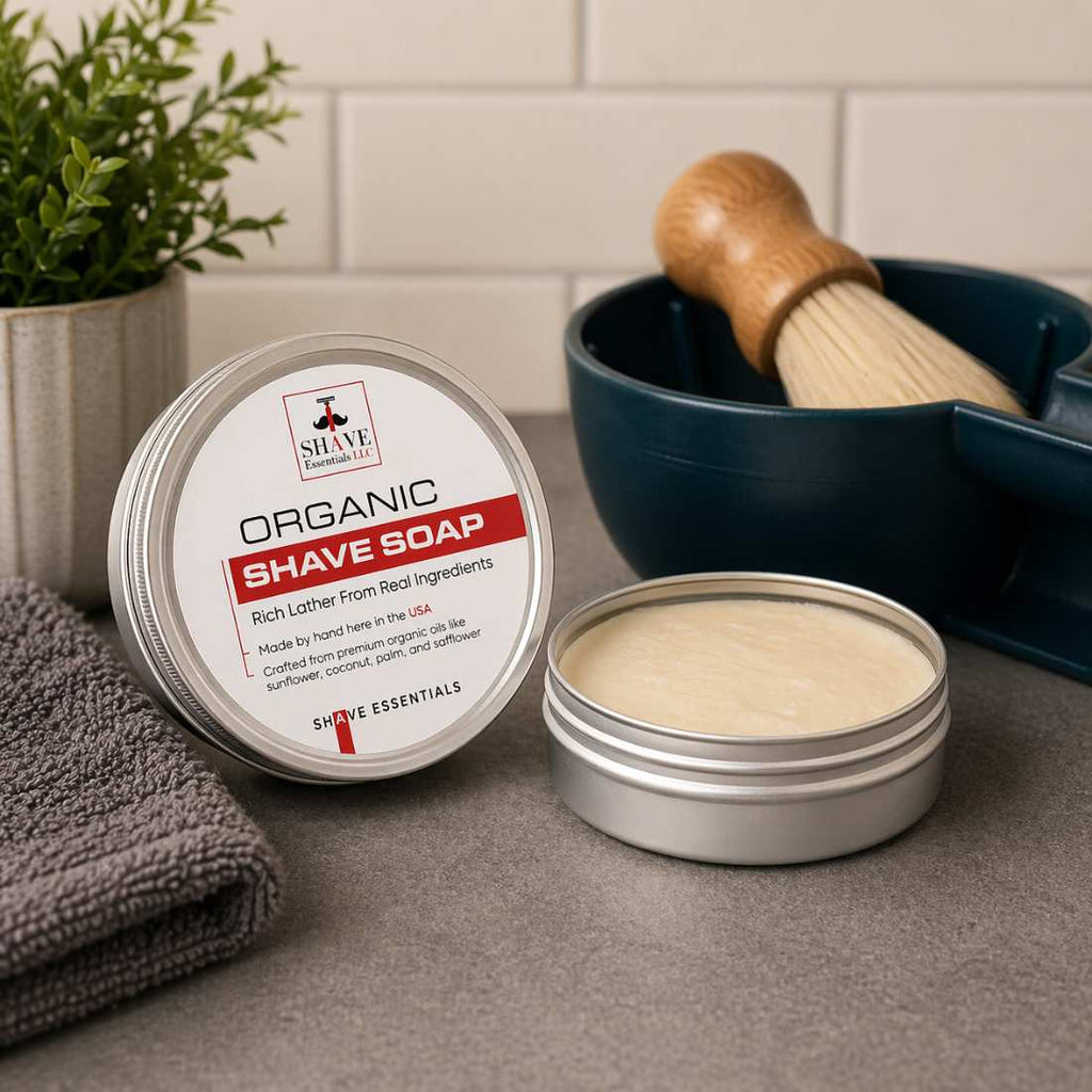 Organic shave soap tin with shaving cream inside and silver metal lid