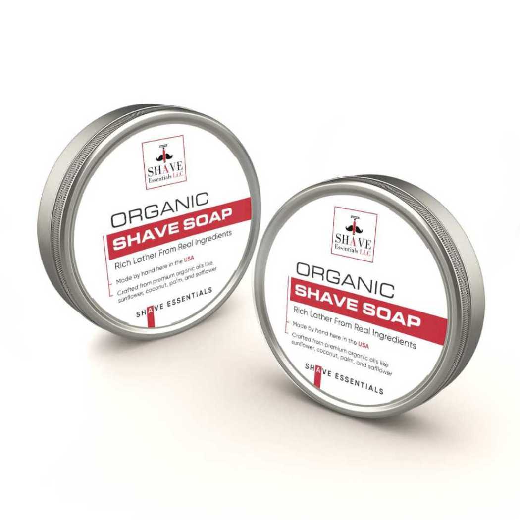 Organic shave soap, two silver metal tins with label and red text