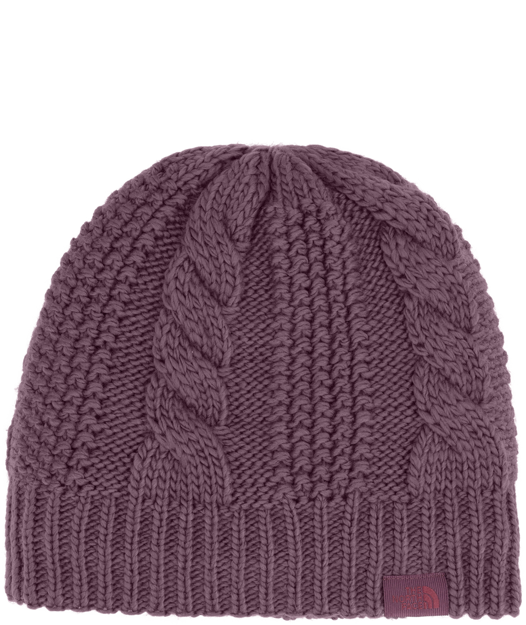 Midnight mauve cable-knit beanie with ribbed cuff and logo patch