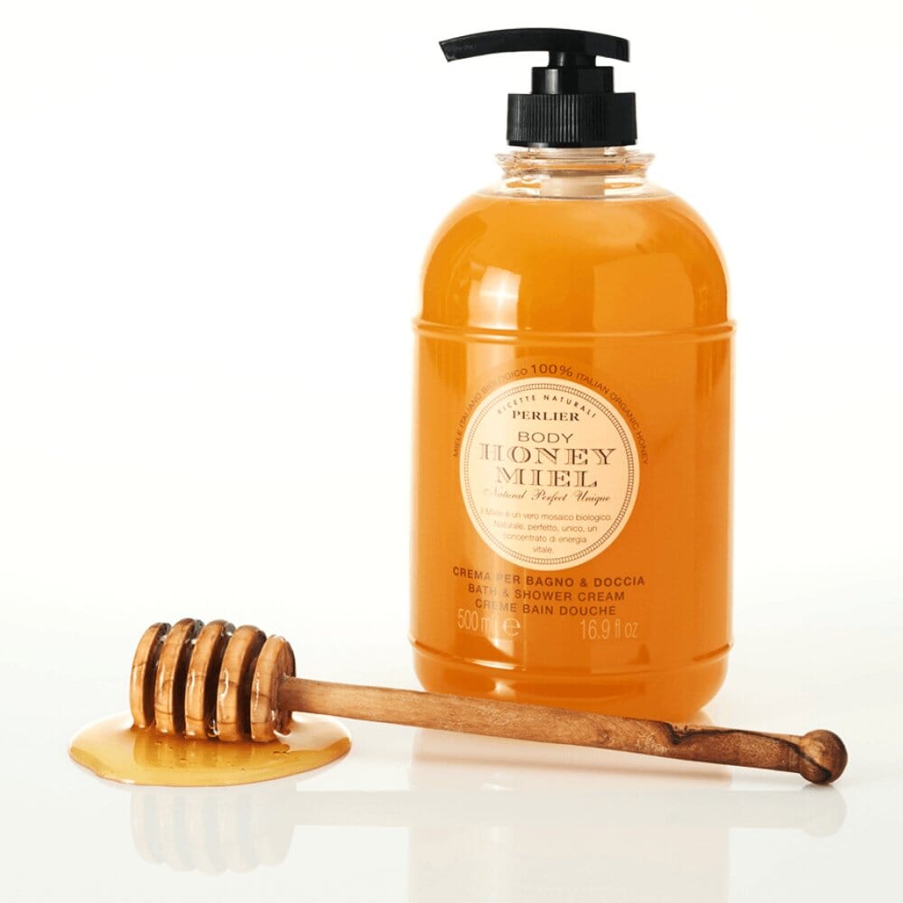 Honey bath and shower cream bottle with black pump, plus wooden honey dipper