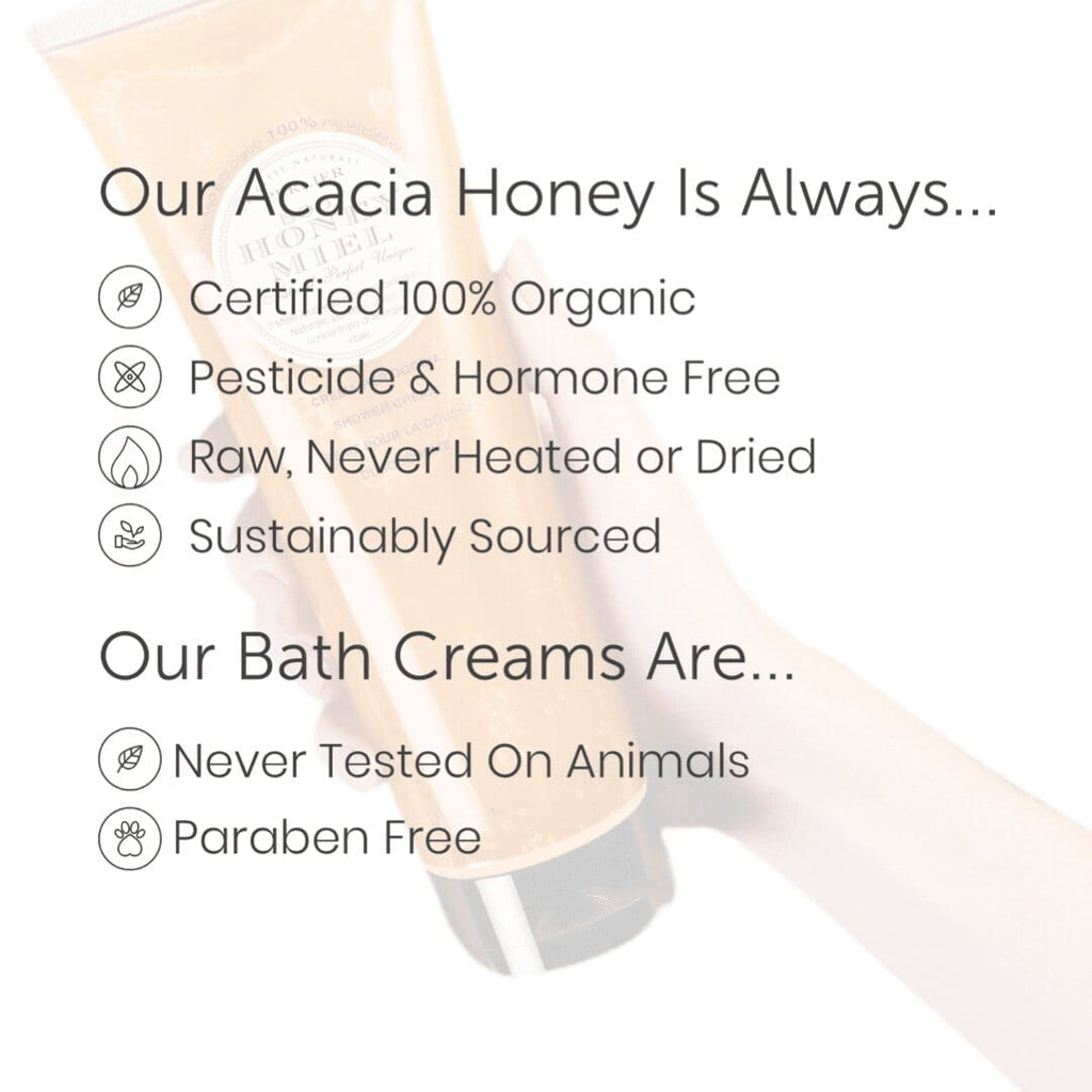 Honey bath and shower cream bottle with pump dispenser, front label view