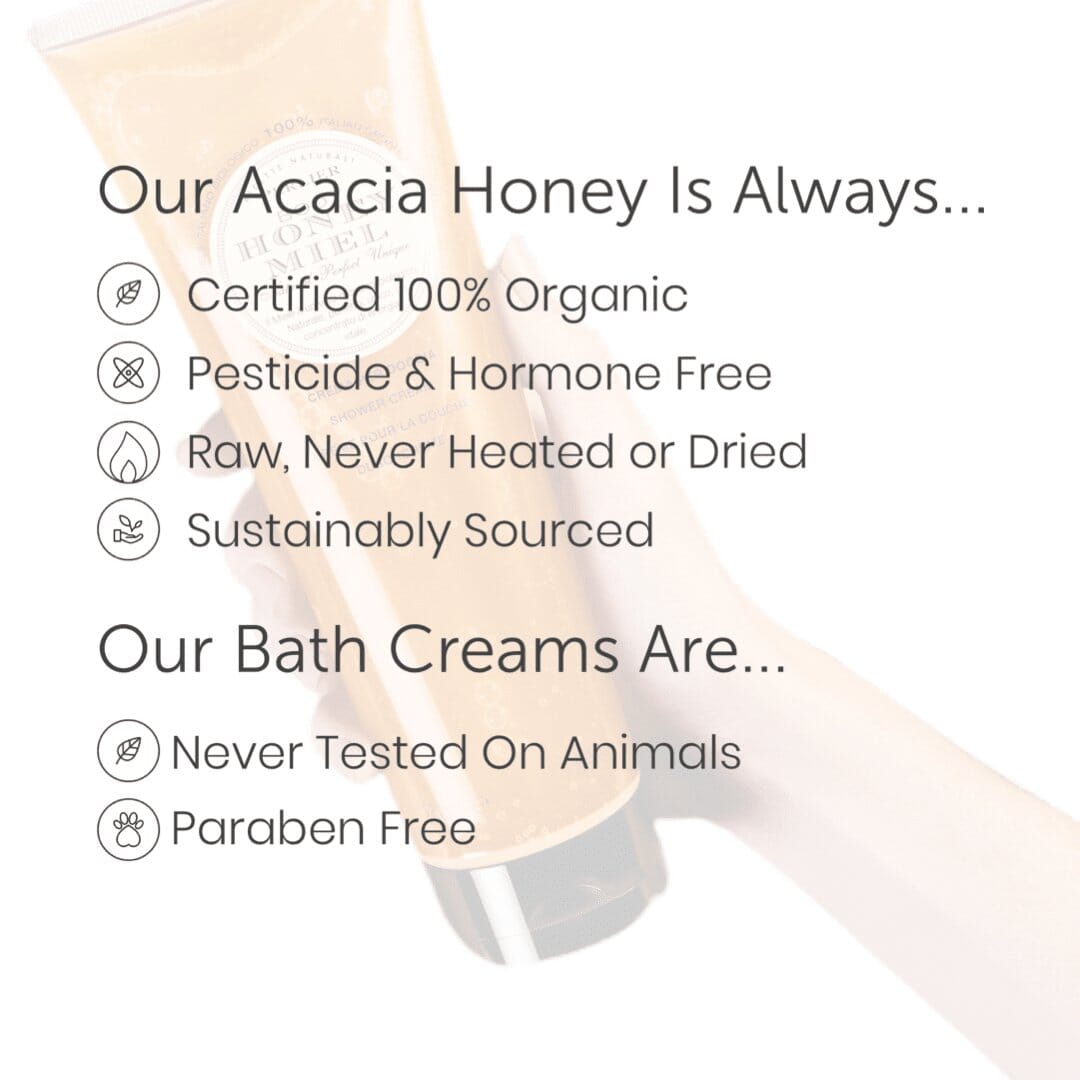 Honey bath and shower cream bottle with pump dispenser, front label view