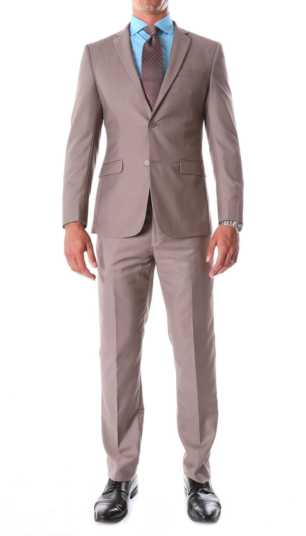 Taupe slim-fit 2-piece suit with notch lapels and matching flat-front trousers