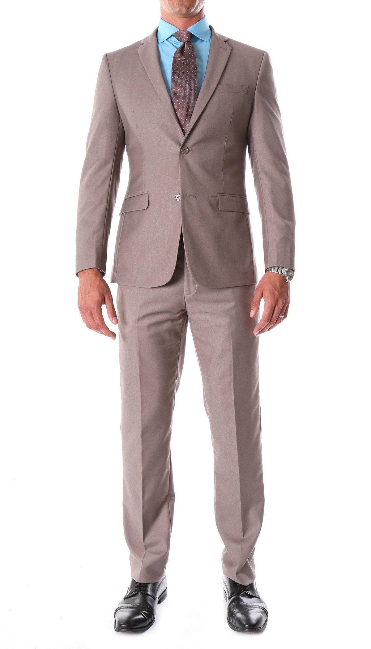 Taupe slim-fit 2-piece suit with notch lapels and matching flat-front trousers