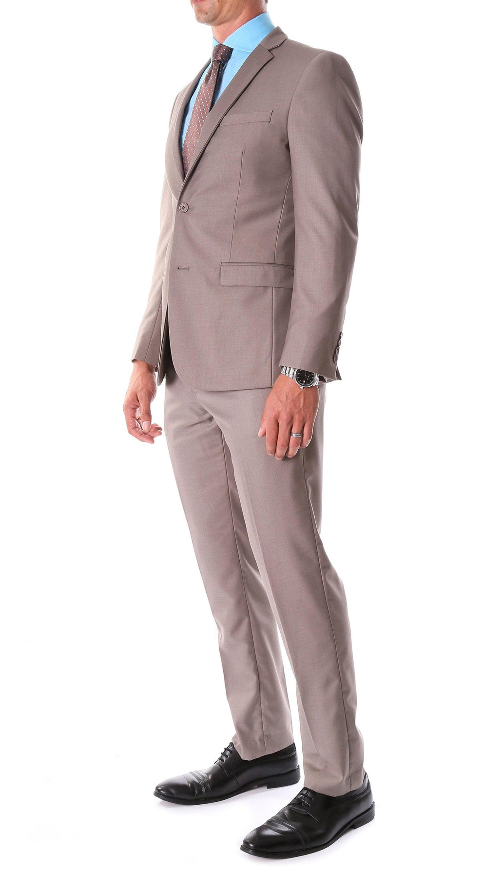 Taupe slim-fit suit jacket and flat-front trousers, side view