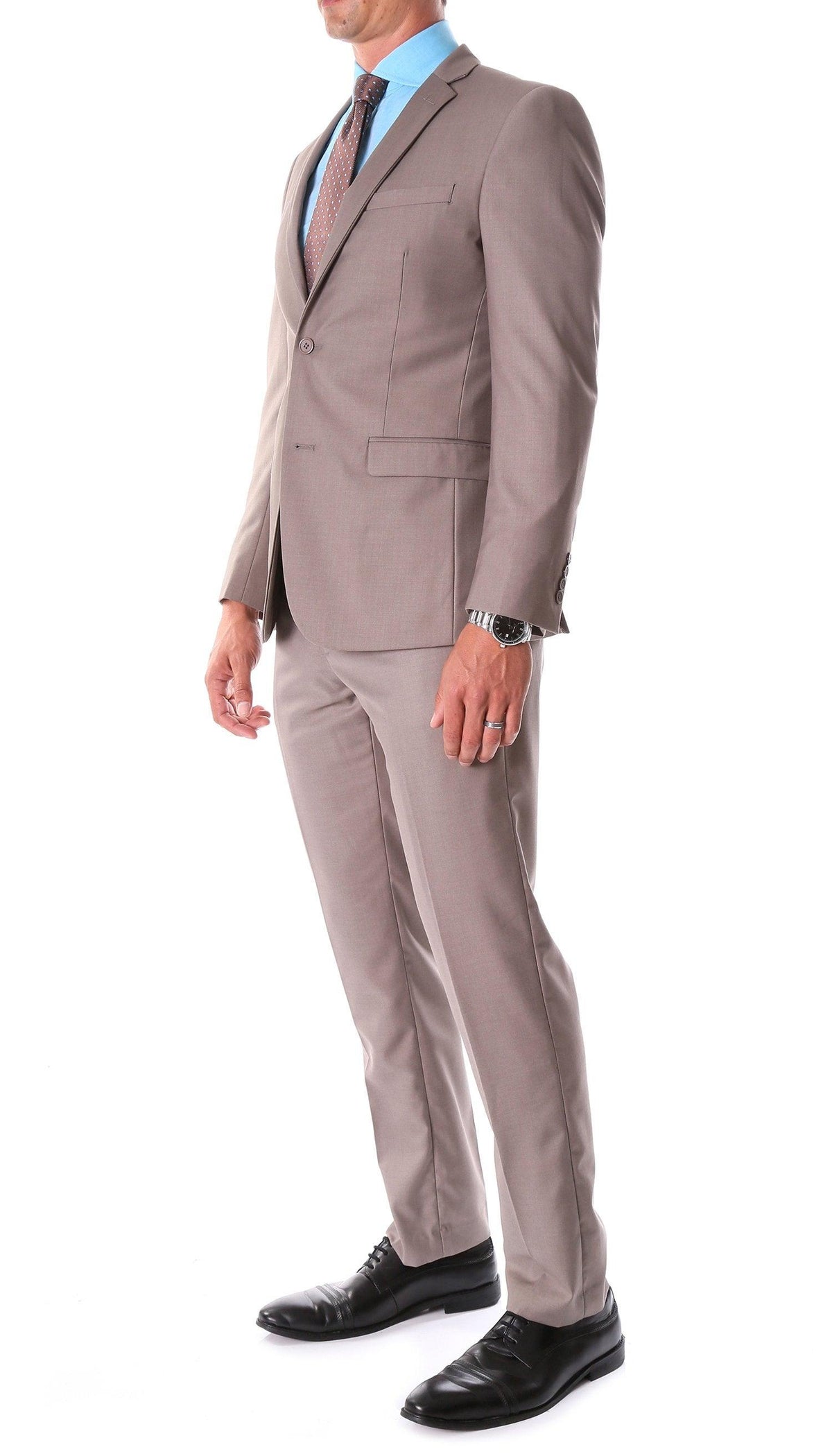 Taupe slim-fit suit jacket and flat-front trousers, side view