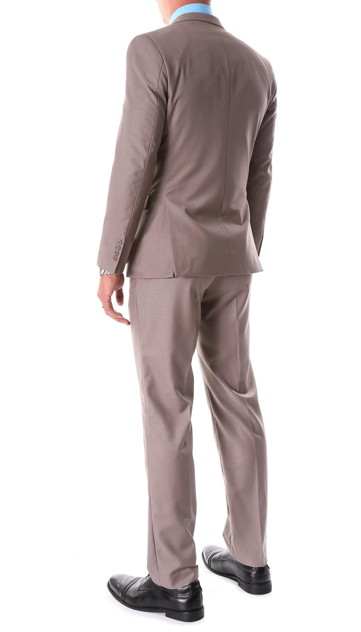 Taupe suit with button-back jacket and matching trousers, rear view