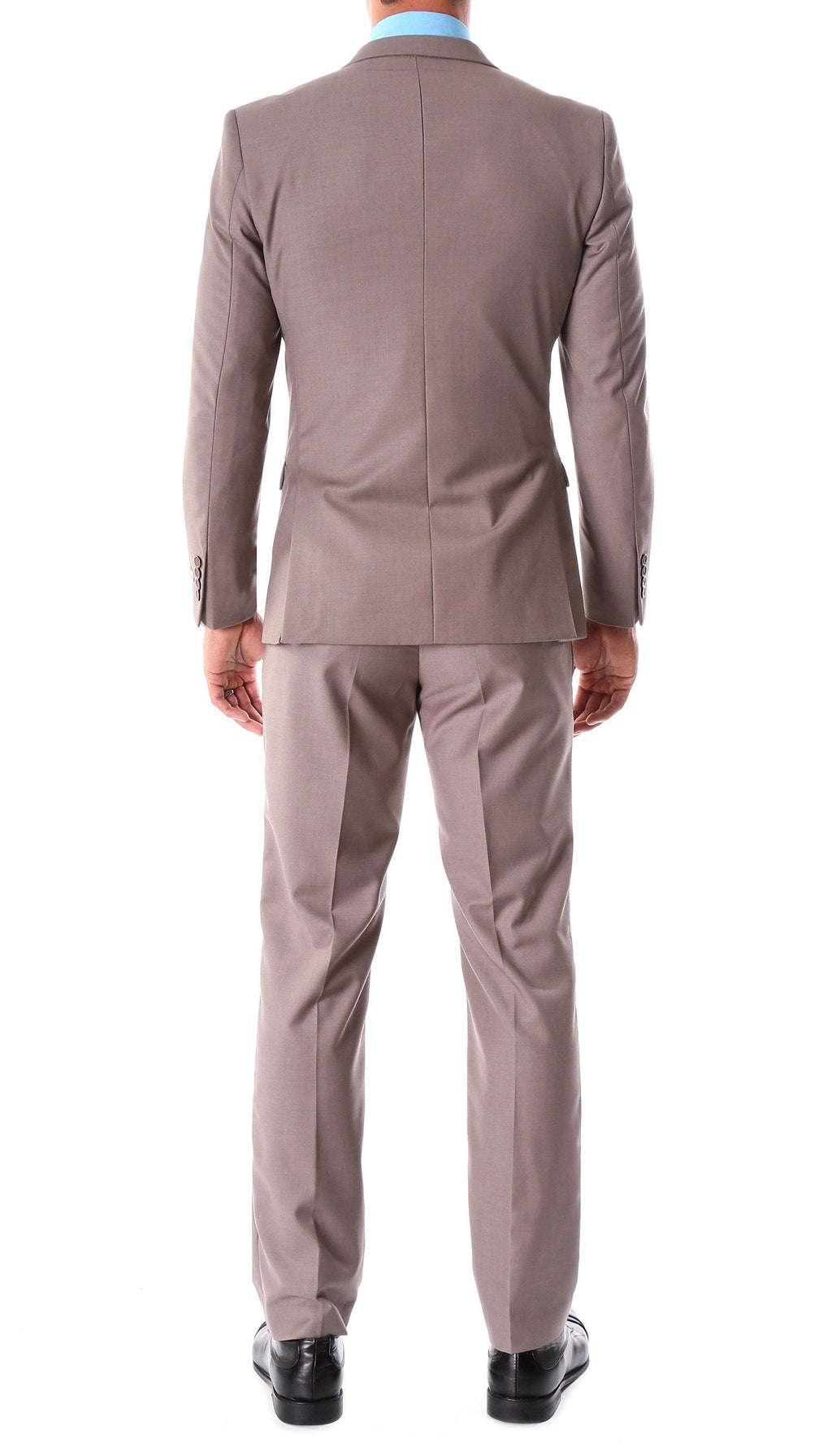 Taupe slim-fit suit set with center-back seam, rear view