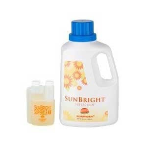 SunBright SuperClean laundry detergent bottles, white with blue caps