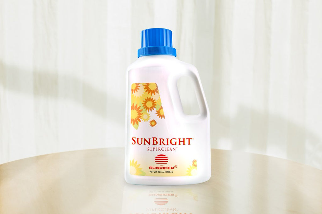 SunBright SuperClean laundry detergent bottle, white with blue cap