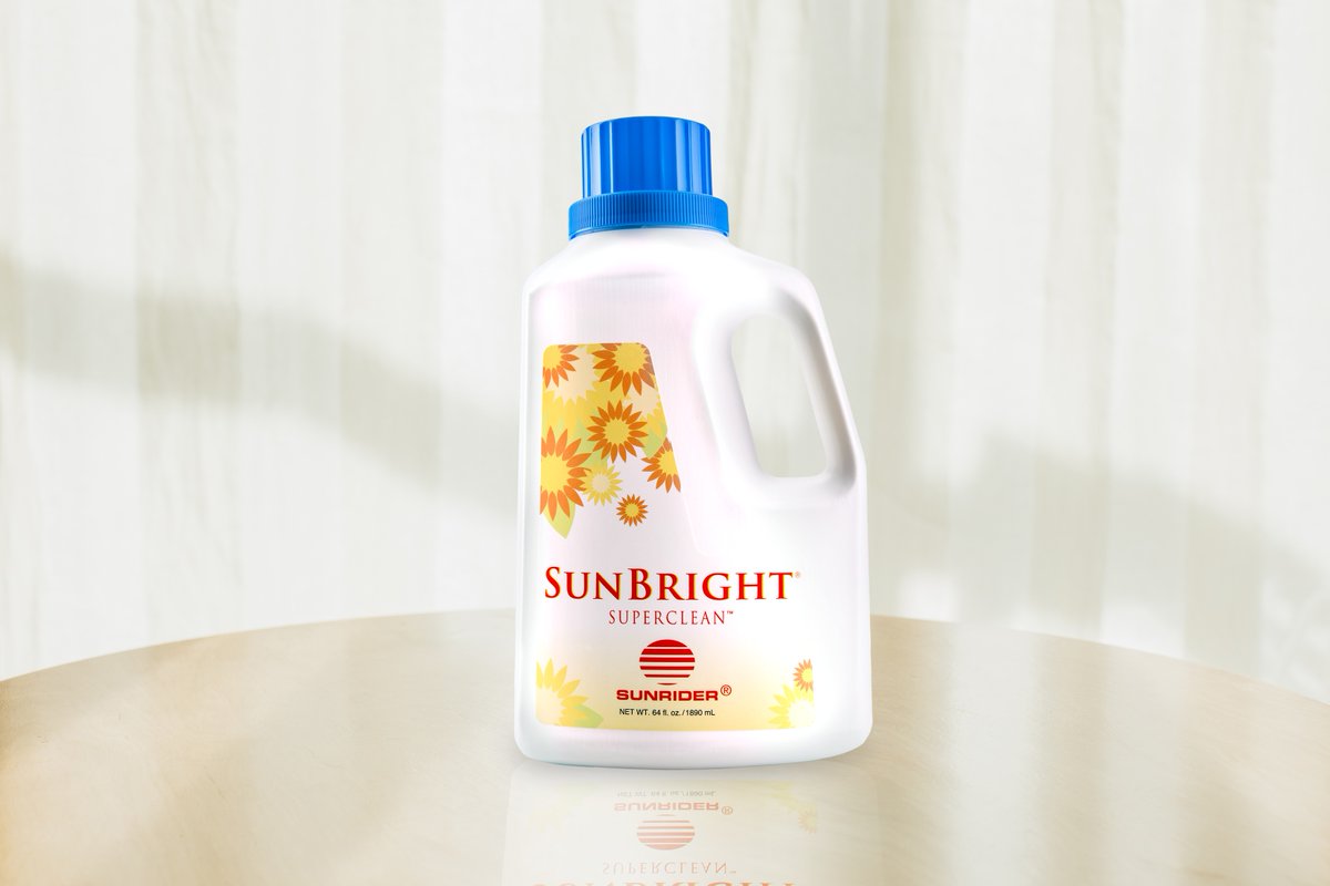 SunBright SuperClean laundry detergent bottle, white with blue cap