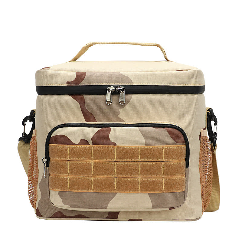 Desert camouflage insulated lunch cooler bag with front organizer pocket and carry straps