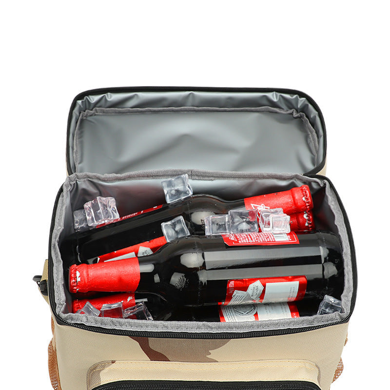 Insulated lunch cooler bag open, showing bottles inside with foil-lined interior