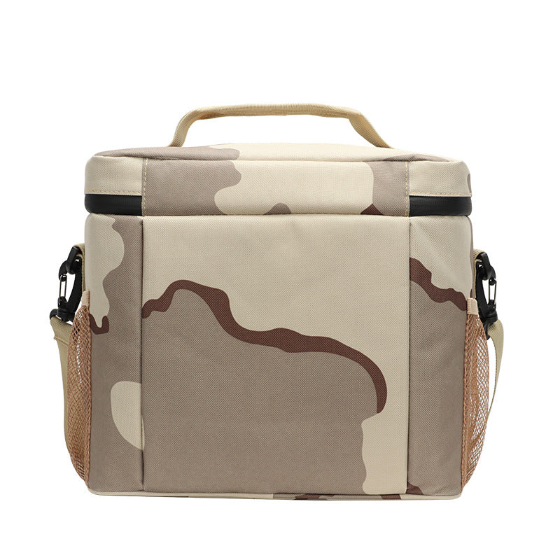 Sand camouflage insulated lunch cooler bag with front pocket and side carry handles