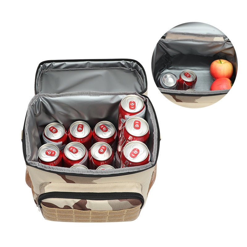 Camouflage insulated lunch cooler bag open, showing canned drinks and fruit inside