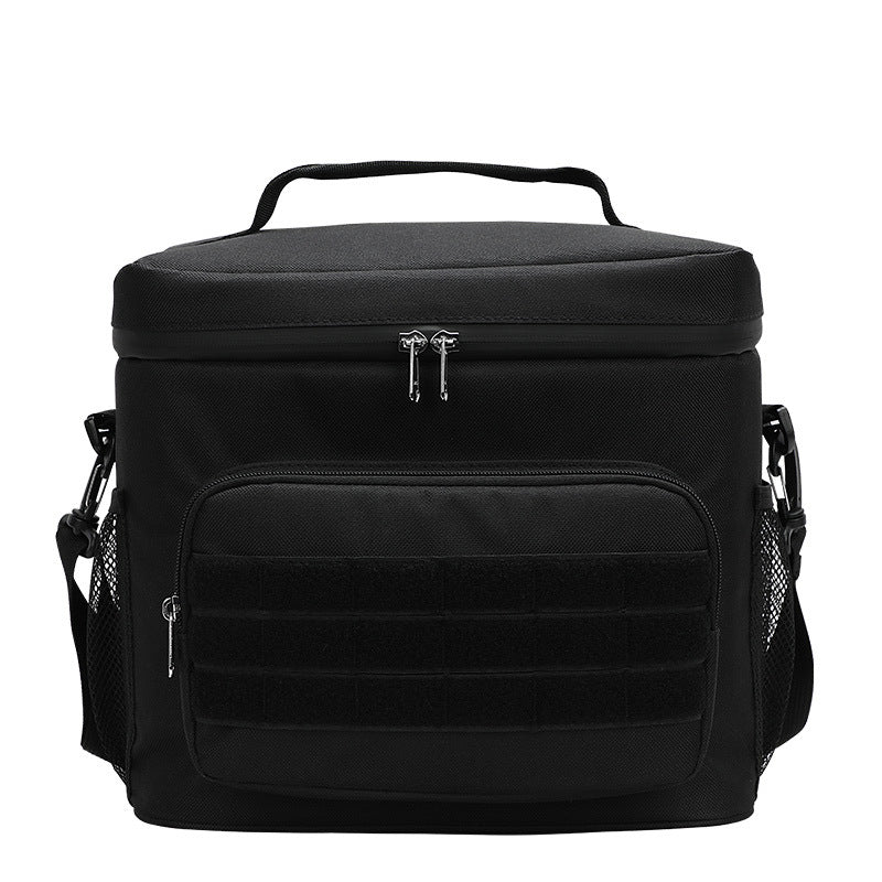 Black insulated lunch cooler bag with zipper top, front pocket panel, and shoulder strap