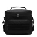 Black insulated lunch cooler bag with zipper top, front pocket panel, and shoulder strap