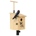 Outdoor tree swallow bird house, light wood with round entrance and black mount