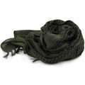 Dark green keffiyeh-style cotton scarf with geometric pattern and tassel fringe