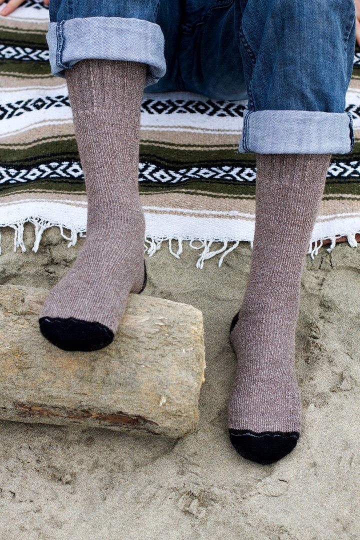 Heather brown alpaca socks with black toe and ribbed leg cuffs