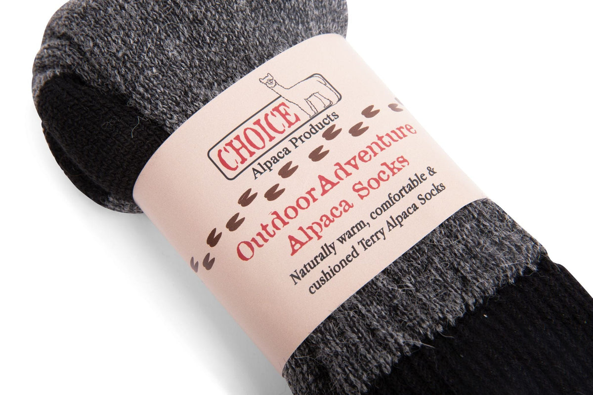 Heather brown alpaca socks with black toe detail, rolled cuff