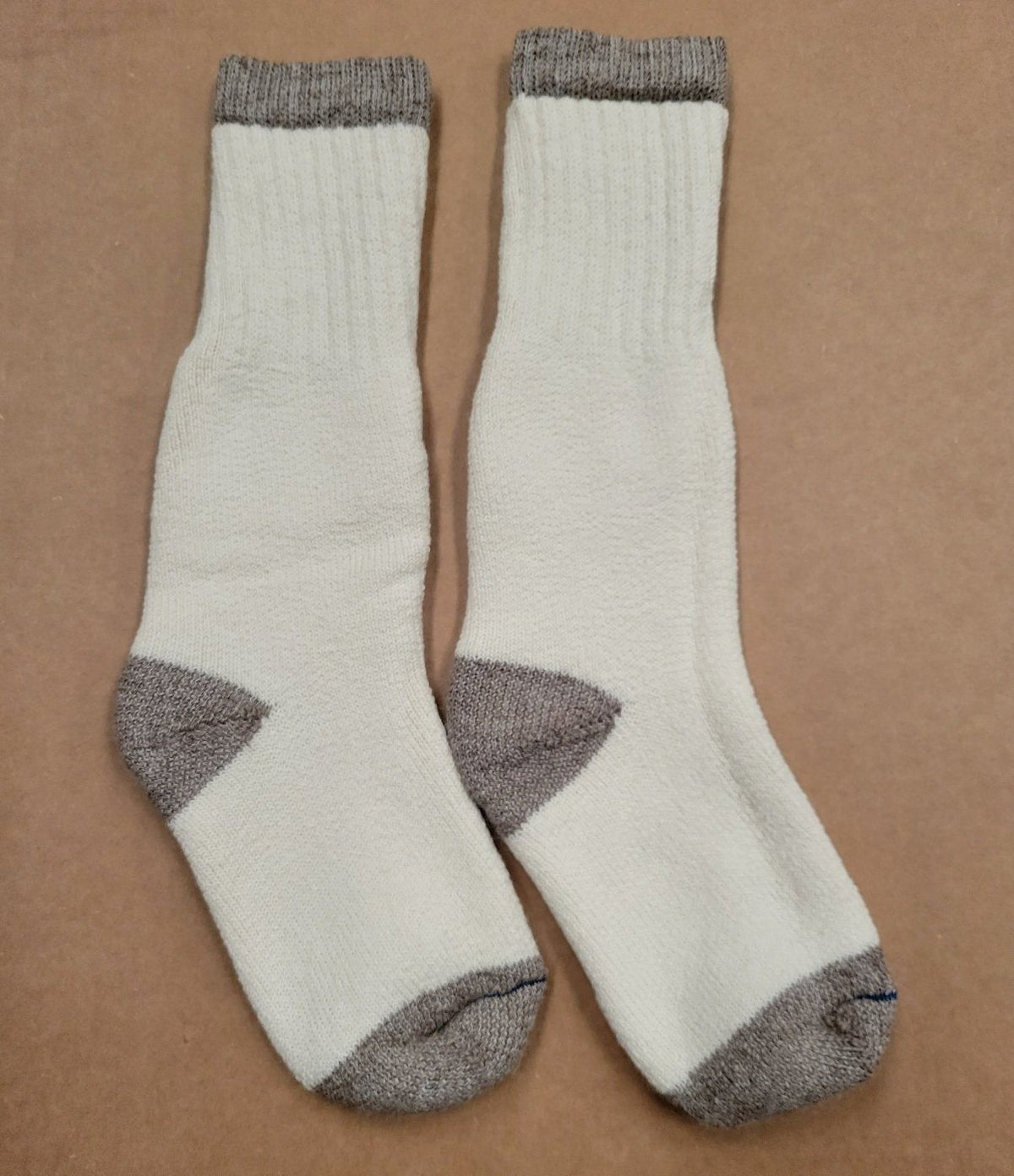 Cream alpaca socks with grey heel and toe, ribbed cuff