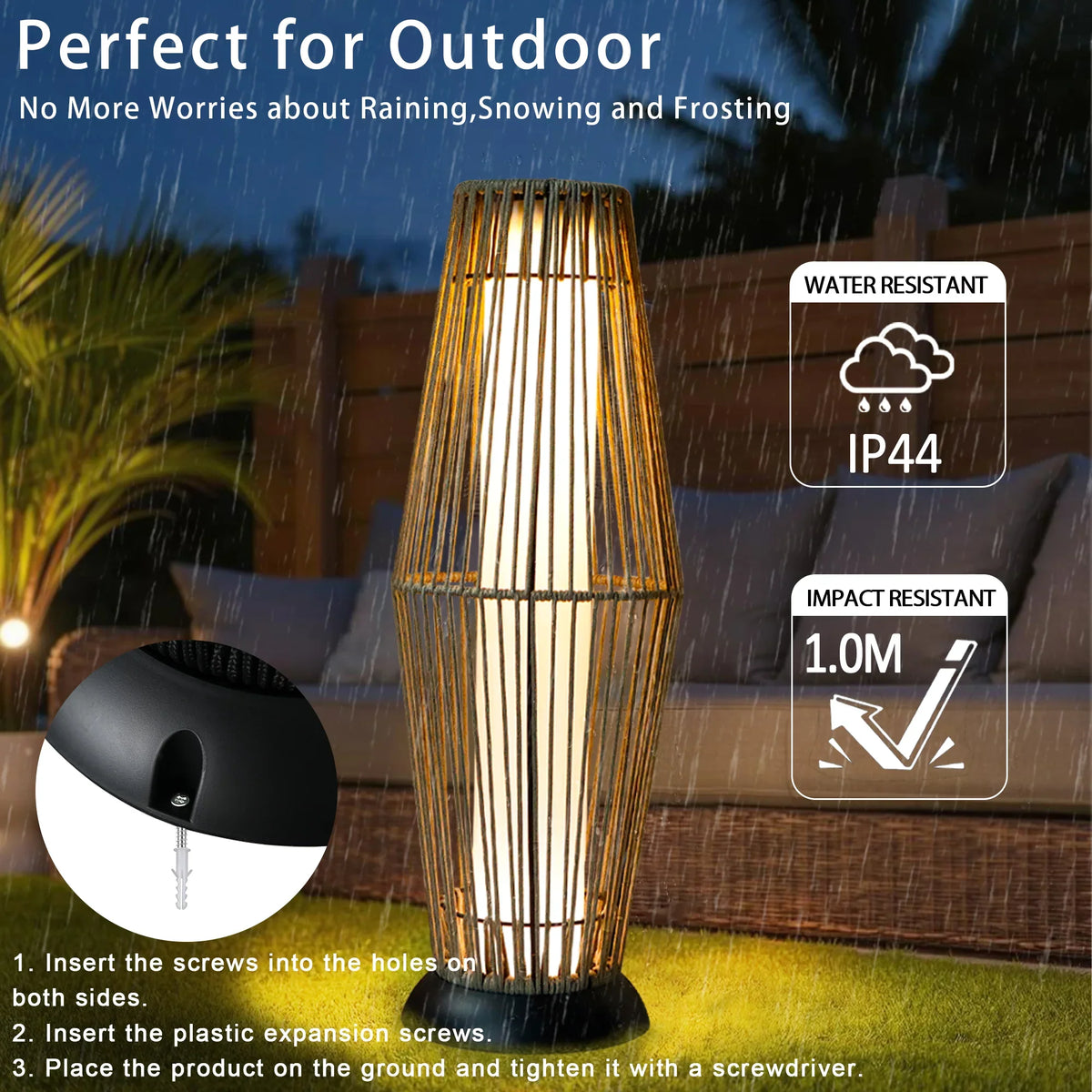 Tall outdoor solar wicker lantern floor lamp with glowing interior light and black base