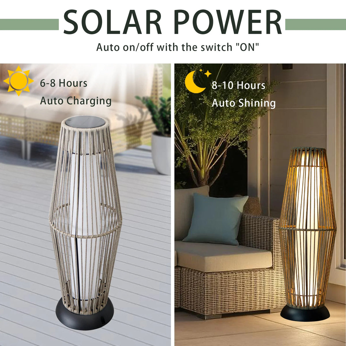 Solar-powered outdoor wicker lantern floor lamp with lighted cylinder and black switch top