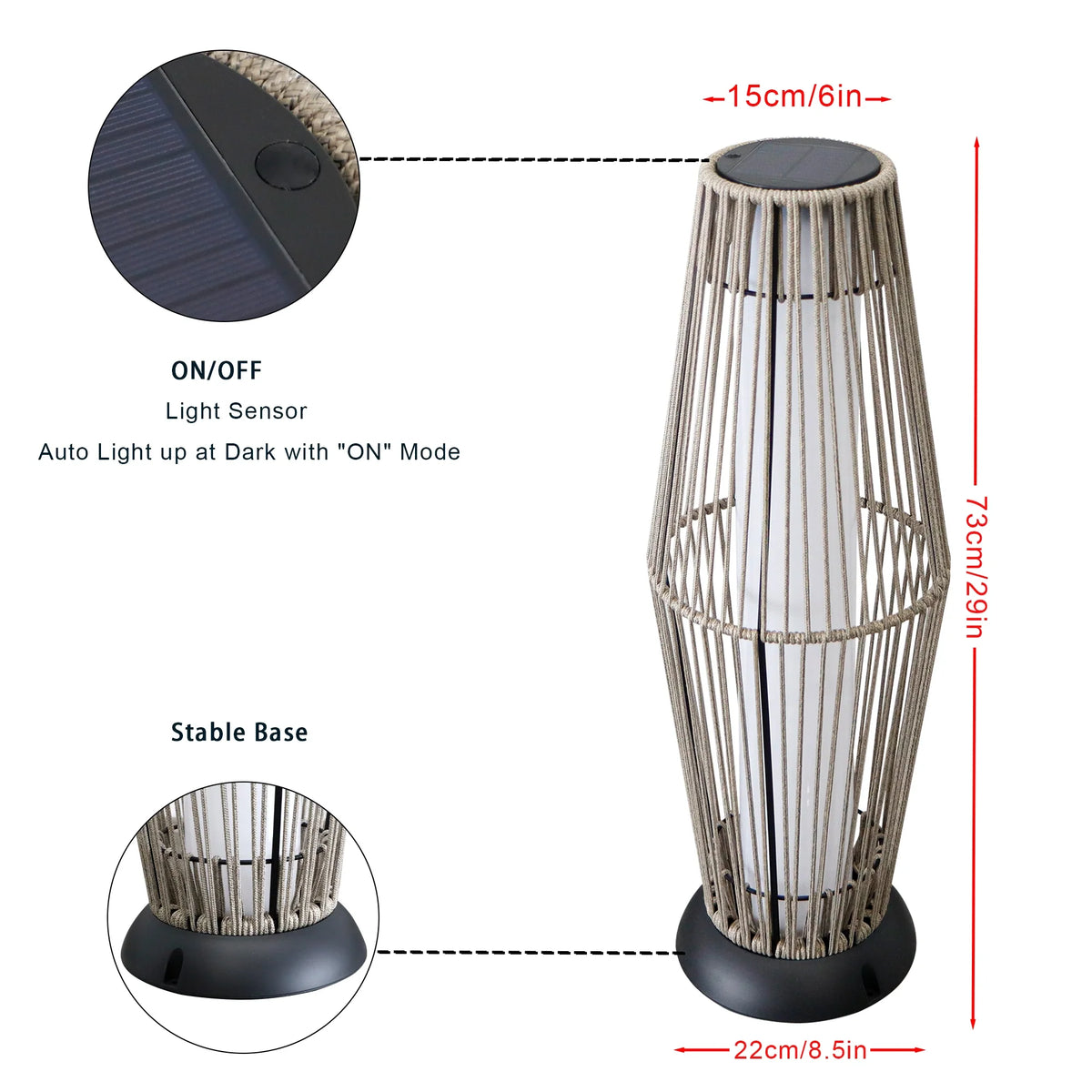 Solar lantern floor lamp with on/off button, light sensor, and black weighted base