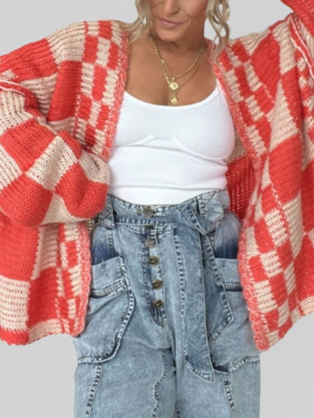 Red and cream plaid open-front long sleeve cardigan sweater, relaxed fit
