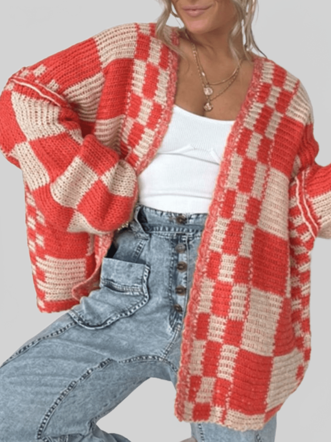 Red plaid open-front long sleeve cardigan with draped knit front