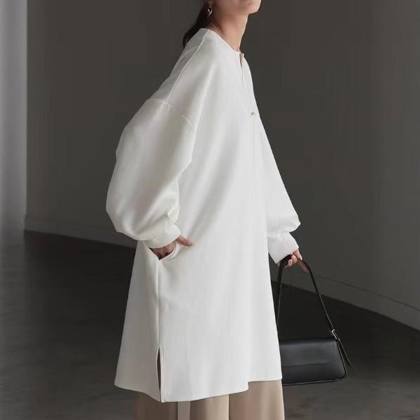 Oversized cotton sweatshirt tunic, white v-neck long-sleeve pullover