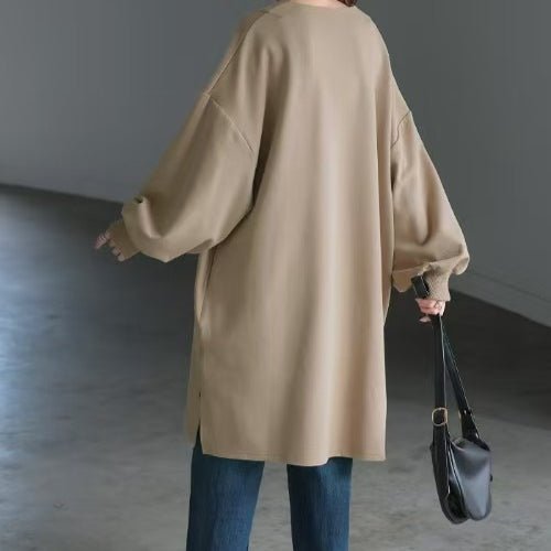 Oversized cotton sweatshirt tunic, khaki back view with long sleeves and relaxed hem