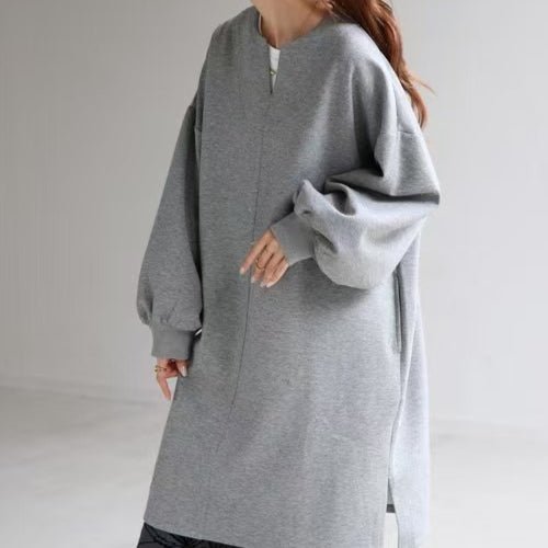 Light gray oversized V-neck cotton sweatshirt tunic, long balloon sleeves, relaxed fit