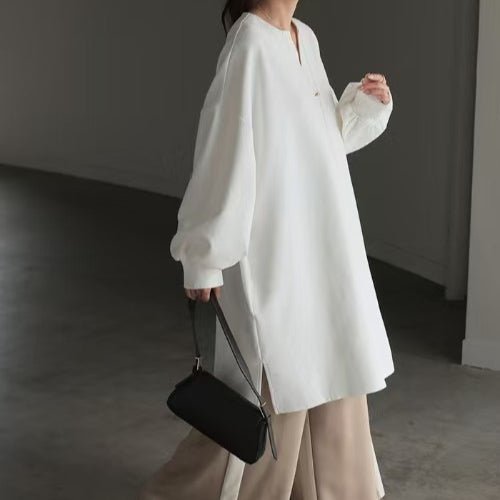 Oversized cotton sweatshirt tunic, white v-neck long-sleeve pullover with relaxed fit