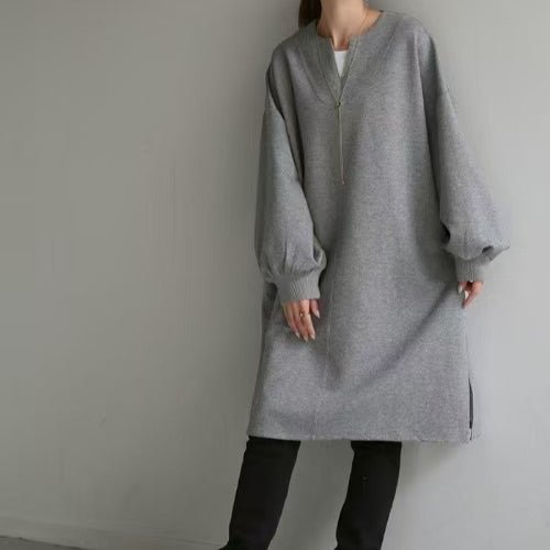 Light gray oversized cotton tunic sweatshirt with V-neck and side slit hem