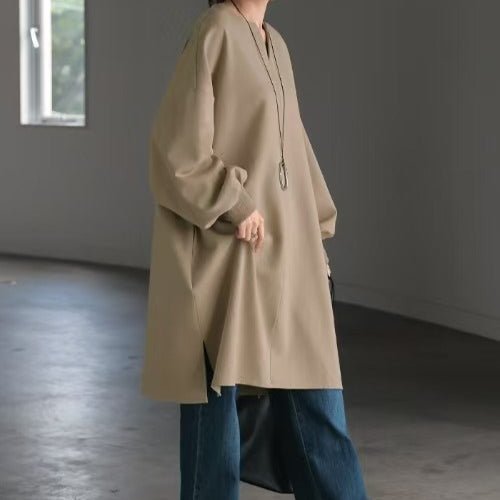 Oversized cotton sweatshirt tunic, khaki v-neck long-sleeve pullover tunic-length