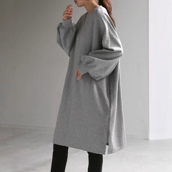 Oversized cotton sweatshirt tunic, light gray v-neck long-sleeve pullover