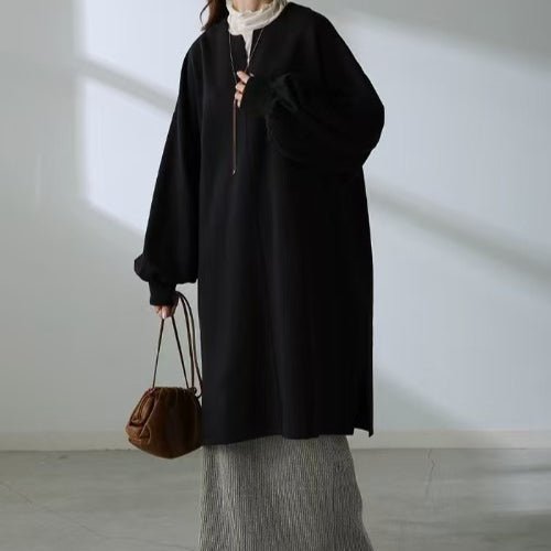 Black oversized V-neck cotton sweatshirt tunic with long loose sleeves