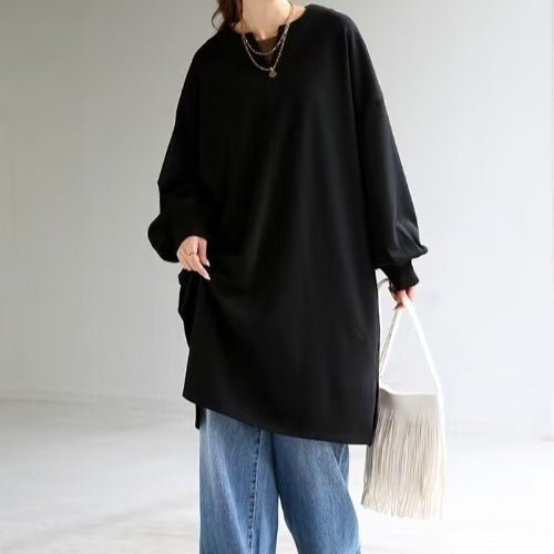 Black cotton V-neck sweatshirt tunic with oversized fit and billowy long sleeves