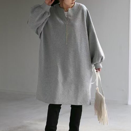 Light gray V-neck cotton tunic sweatshirt with dropped shoulders and roomy long sleeves